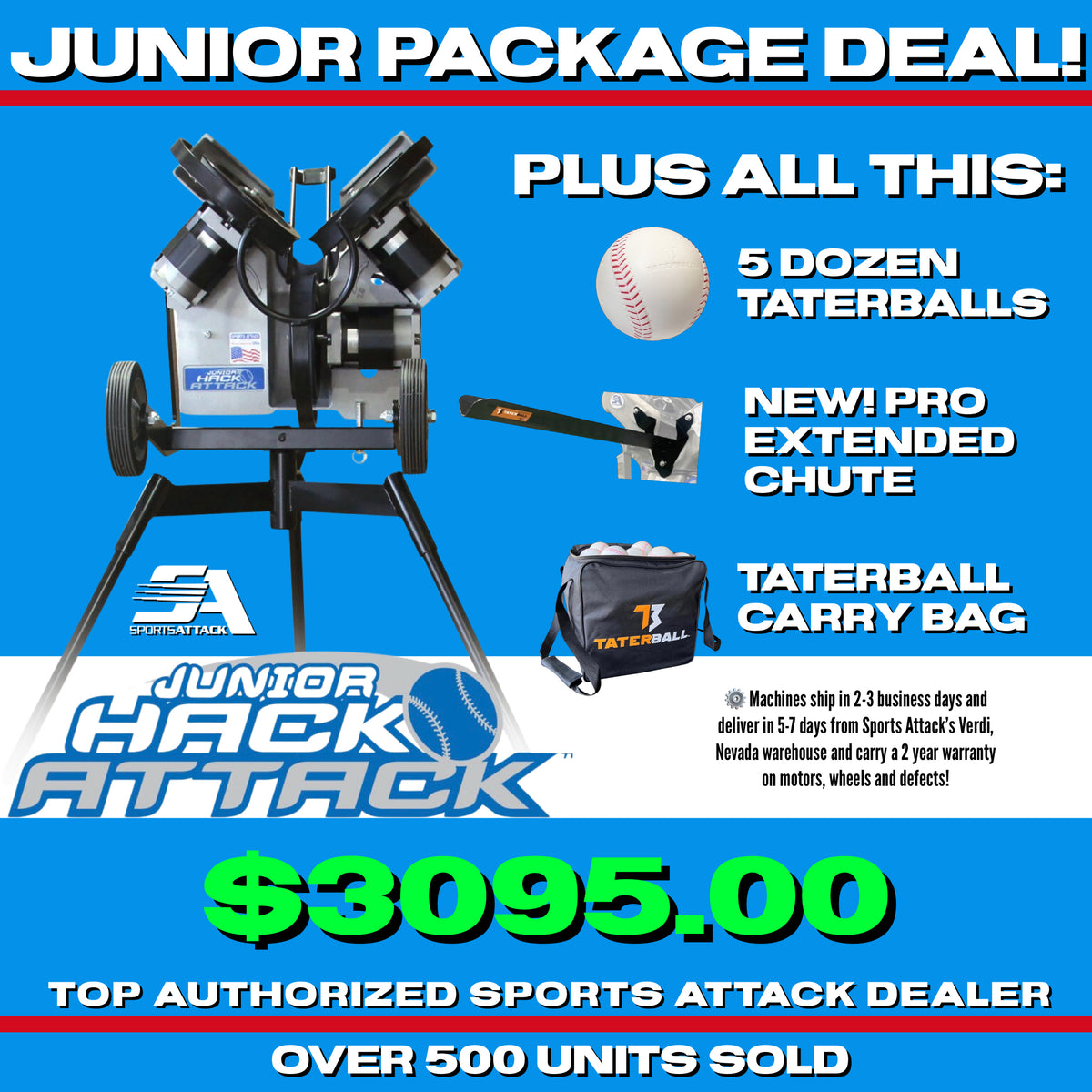 Hack Attack Junior pitching machine with TaterBalls, chute, and ball bag