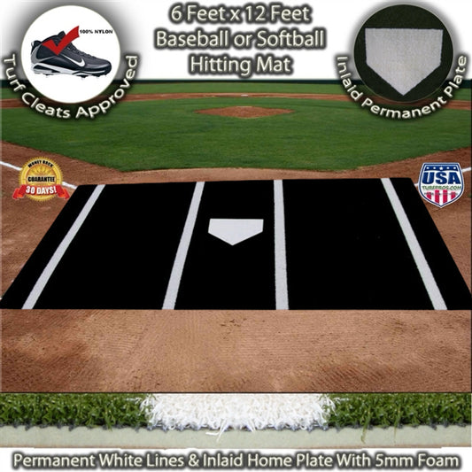 Black 6 Feet x 12 Feet Pro Ball Synthetic Turf For Baseball or Softball Hitting Mat - Inlaid Home Plate