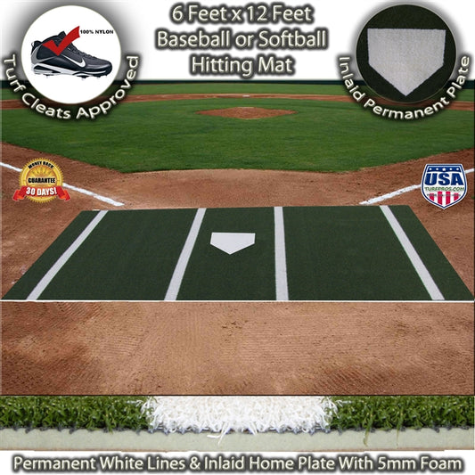 Green 6 Feet x 12 Feet Pro Ball Synthetic Turf For Baseball or Softball Hitting Mat - Inlaid Home Plate